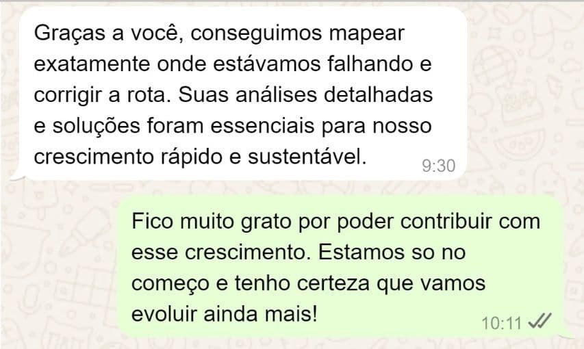 Print de cliente no WhatsApp elogiando o mapeamento do que travava a venda